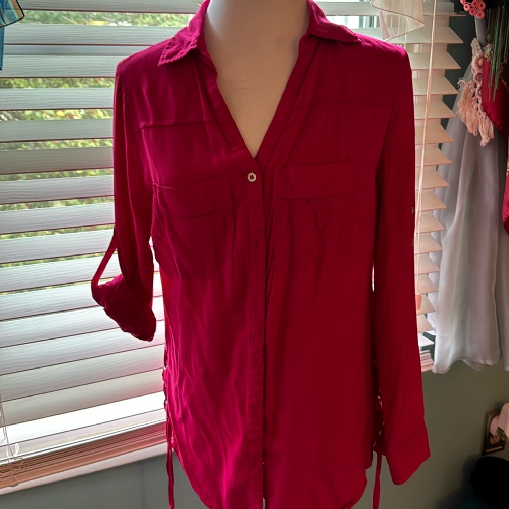Pink button down side lace long sleeve shirt, New York and Co